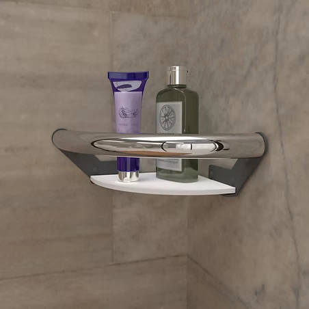A in shower sehlf with guard rails holds bottles